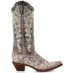 CORRAL Women’s Brown Crater Bone Embroidery Snip Toe Cowboy Boots A1094